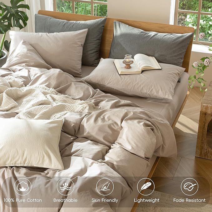 MooMee Bedding Duvet Cover Set 100% Washed Cotton Linen Like Textured Breathable Durable Soft Comfy (Heathered Taupe, Queen 90"x90")