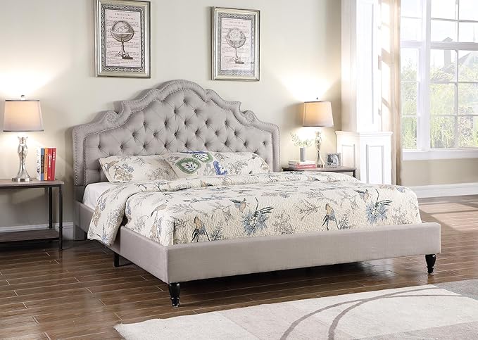HomeLife Premiere Classics 51" Tall Platform Bed with Cloth Headboard and Slats - Queen (Light Grey Silver)