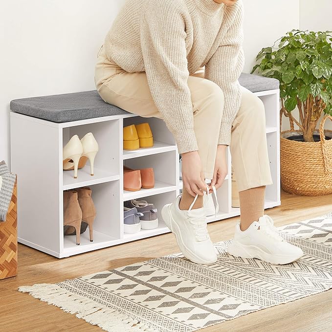 VASAGLE CUSTOS Collection - Shoe Bench, Storage Bench with Padded Seat, Entryway Bench with 10 Compartments, for Bedroom, 11.8 x 40.9 x 18.9 Inches, Cloud White and Dove Gray ULHS010W01