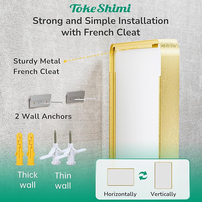 TokeShimi 48x36 Gold Bathroom Mirror for Over Sink,Tempered Glass,Rectangle Mirror for Bathroom,Large Bathroom Mirror for Vanity(Horizontal/Vertical)