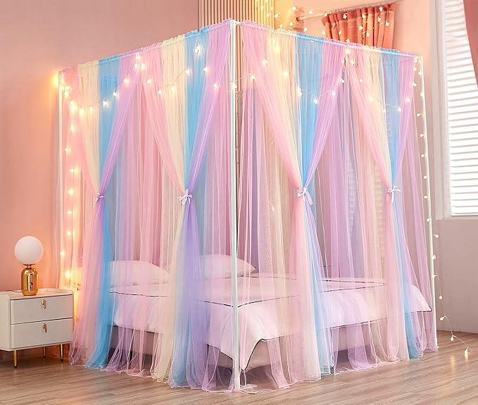Akiky Canopy Bed Curtains with Lights 4 Corner Post Bed Canopy for Adults Girls, Rainbow Bed Drapes Netting-8 Panel Curtains,Twin