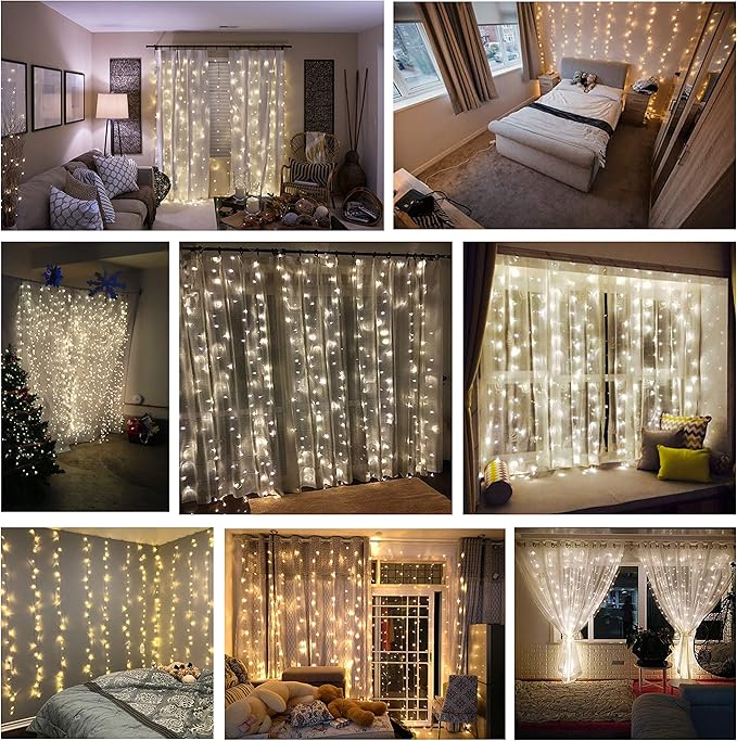 Magictec 300 LED Curtain String Light, 8 Lighting Modes Fairy Twinkle String Lights Wedding Party Home Garden Bedroom Outdoor Indoor Wall Decorations, Warm White