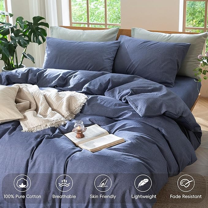 MooMee Bedding Duvet Cover Set 100% Washed Cotton Linen Like Textured Breathable Durable Soft Comfy (Heathered Blue, Cal King 104"x98")