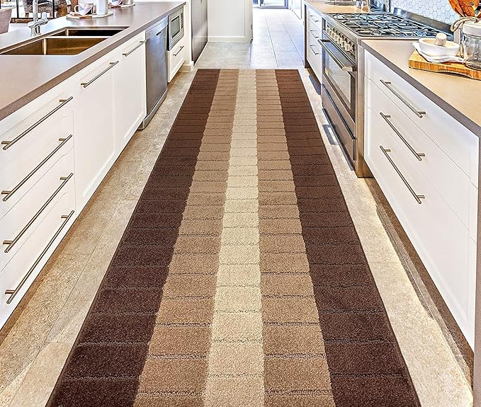 Custom Size Modern Geometric Pattern Carpet Runner Rug for Hallways, Slip Resistant Latex Rubber Backed, 31 inch Wide X Customized Length, Squares Brown, 31 inch X 23 feet