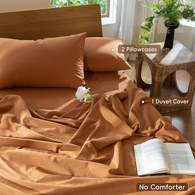 MooMee Bedding Duvet Cover Set 100% Washed Cotton Linen Like Textured Breathable Durable Soft Comfy (Solid Burnt Orange, King 104"x90")