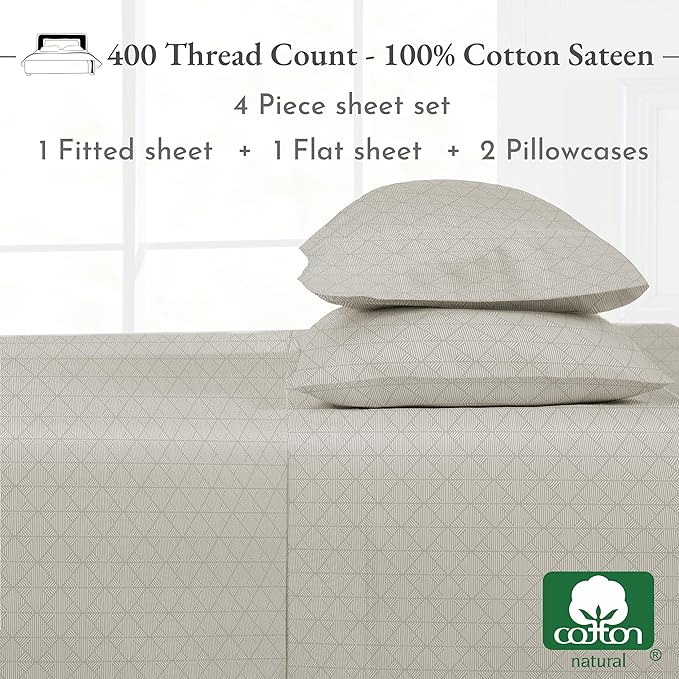 California Design Den California King Sheet Sets - 400 Thread Count Sateen, Natural 100% Cotton Sheets, Deep Pocket Cooling and Durable Bedding Set - Taupish-Sage Crosshatch