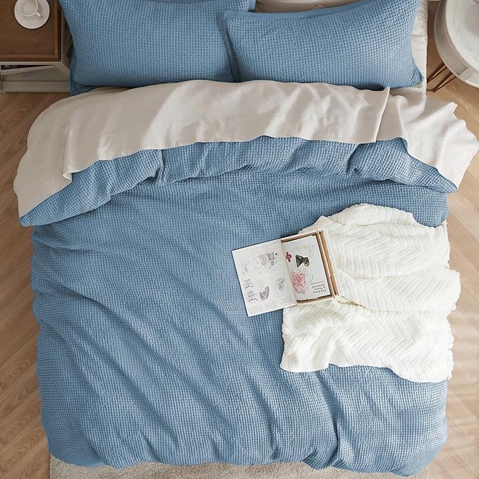 Bedsure Cotton Duvet Cover King - 100% Cotton Waffle Weave Grey Blue Duvet Cover King Size, GentleSoft™ and Breathable Bedding Set for All Season, 3 Pieces, 104"x90"
