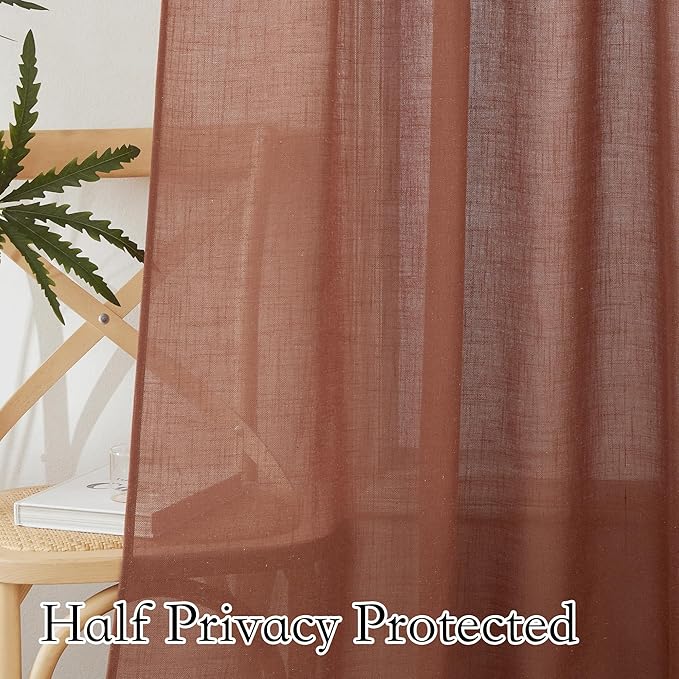 RYB HOME Terracotta Curtains 84 inch Long - Premium Flax Linen Blend Soft Semi Sheer Window Drapes Half Privacy Protect for Living Room Bedroom Doorway, 52 Width by 84 Length, 2 Panels Burg
