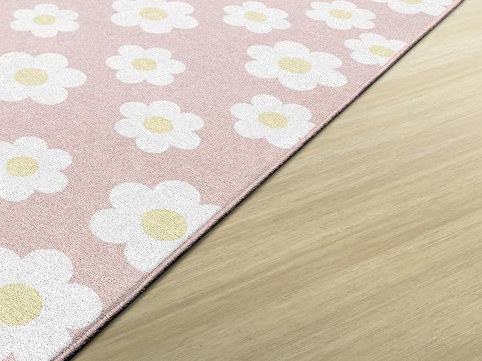 Flagship Carpets Schoolgirl Style Retro Daisies on Pink Educational Area Rug for Kids Room Seating Décor, Children's Classroom, Play Carpet for Teaching and Playroom, 5' x 7'6"