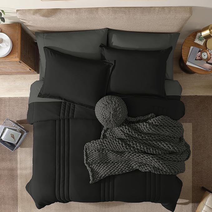 Monbix Full Comforter Set - 7 Pieces Black Bed in a Bag Full Size Bedding Sets with Comforters, All Seasons Down Alternative Comforter with Sheets,Pillowcases & Shams