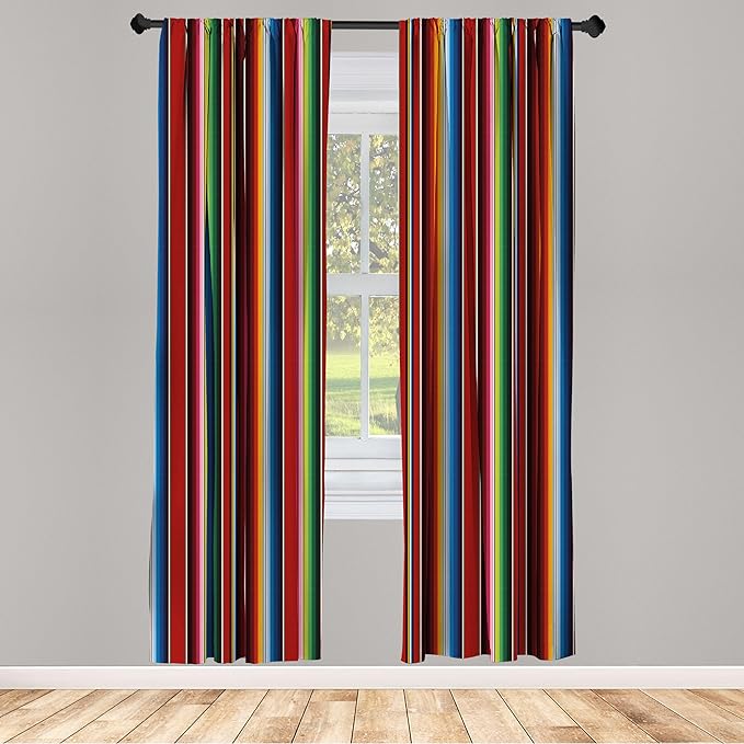 Ambesonne Cinco de Mayo Curtains, Mexican Serape Colorful Stripes Vertical Lines Latino Illustration, Window Treatments 2 Panel Set for Living Room Bedroom Decor, Pair of - 28" x 63", Burgundy Blue