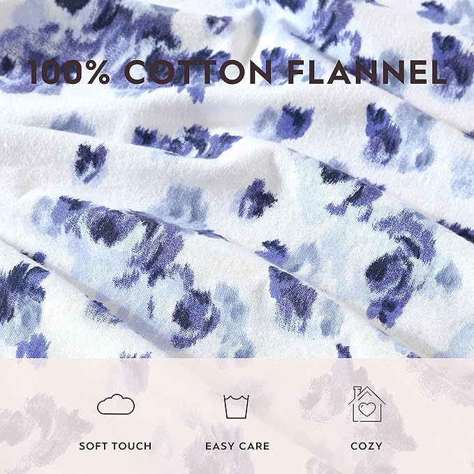 Laura Ashley - Flannel Sheets Queen Size, Anti-Pilling & Wrinkle Resistant Cotton, Touchably Soft for All-Season Comfort - Bed Sheets with Matching Pillowcases & Fitted Sheet (Emelisa Blue)