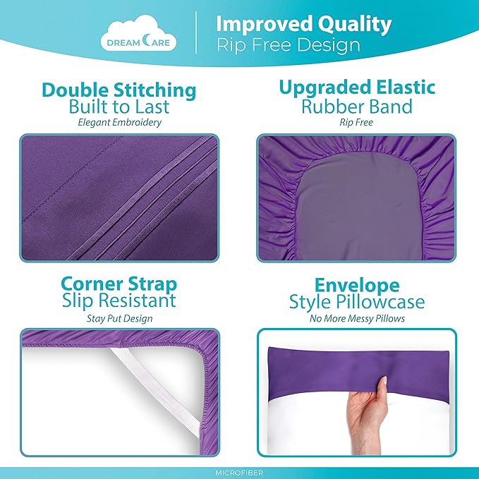 DREAMCARE Twin XL Sheet Sets – 3pcs Cooling Sheets – up to 21” Extra Deep Pocket Twin XL Sheets Set – Hotel Luxury Sheets & Pillowcases – Superior Softness 100% Fine Microfiber with Side Pocket Purple