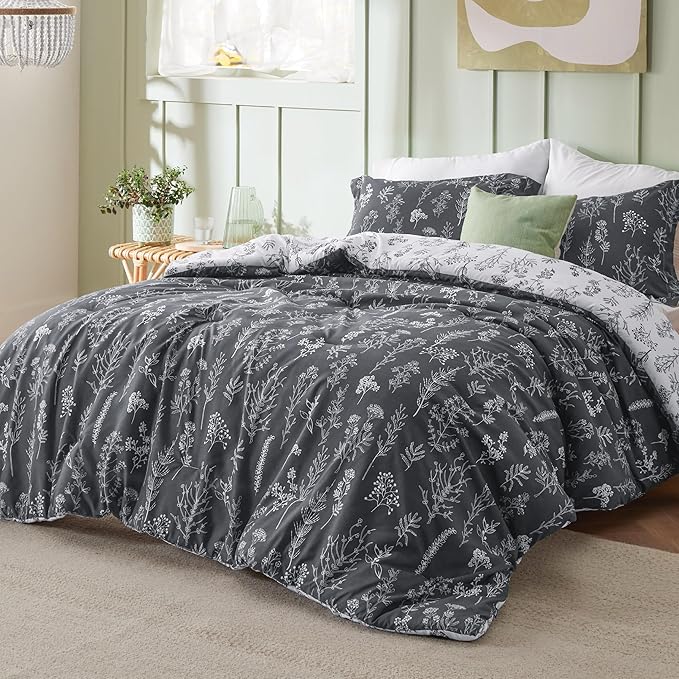 Bedsure King Comforter Set - Dark Grey Bed Set, 3 Pieces Cute Floral Bedding, 1 Soft Reversible Botanical Flowers Comforter and 2 Pillow Shams