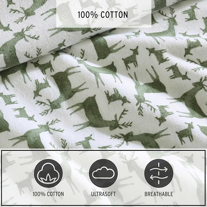 Eddie Bauer - Flannel Sheets King Size, Anti-Pilling & Wrinkle Resistant Cotton, Touchably Soft for All-Season Comfort - Bed Sheets with Matching Pillowcases & Fitted Sheet (Deer Camp Green)