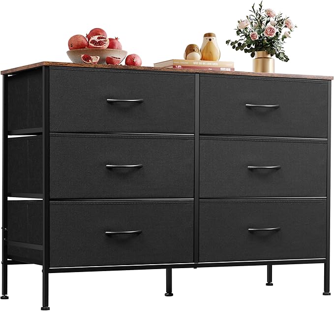 WLIVE Wide Dresser with 6 Drawers, TV Stand for 50 Inches TV, Entertainment Center with Metal Frame, Wooden Top, Fabric Storage Dresser for Bedroom, Hallway, Entryway, Black and Rustic Brown
