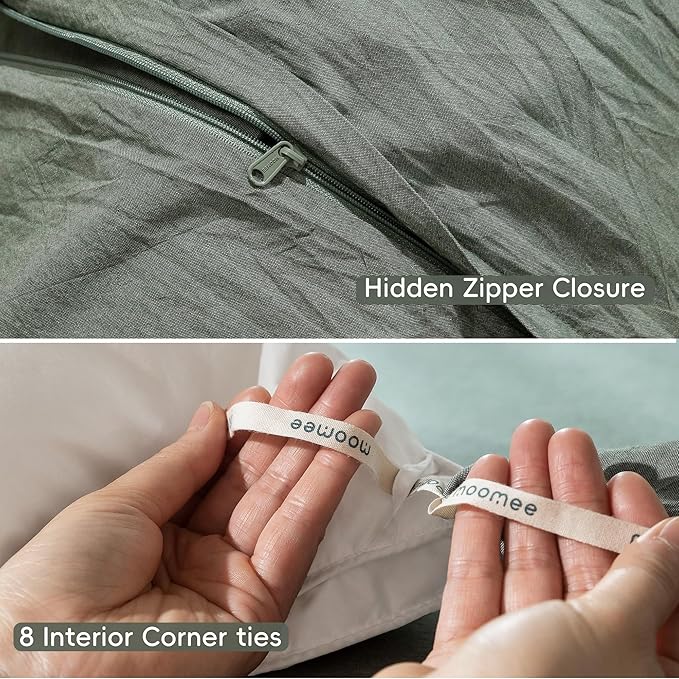 MooMee Bedding Duvet Cover Set 100% Washed Cotton Linen Like Textured Breathable Durable Soft Comfy (Heathered Green, Queen 90"x90")
