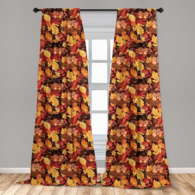 Ambesonne Fall Curtains, Happy Autumnal Colors with Birds in Nests Cartoon Illustration Print, Window Treatments 2 Panel Set for Living Room Bedroom, Pair of - 28" x 84", Cinnamon Amber and Orange