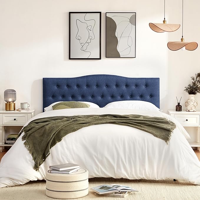 Tufted Upholstered Headboard Full Size, Sturdy and Durable Solid Wood Full XL headboard, Fabric Headboard Adjustable Height from 37” to 51”, Modern Button Diamond Design Head Board, Blue