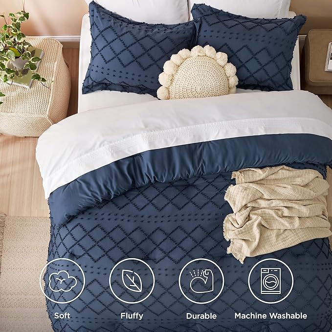 Bedsure Twin XL Comforter Set - Navy Blue Comforter, Boho Tufted Shabby Chic Bedding for Kids, 2 Pieces Vintage Farmhouse Bed Set for All Seasons, Fluffy Soft Bedding with 1 Pillow Sham
