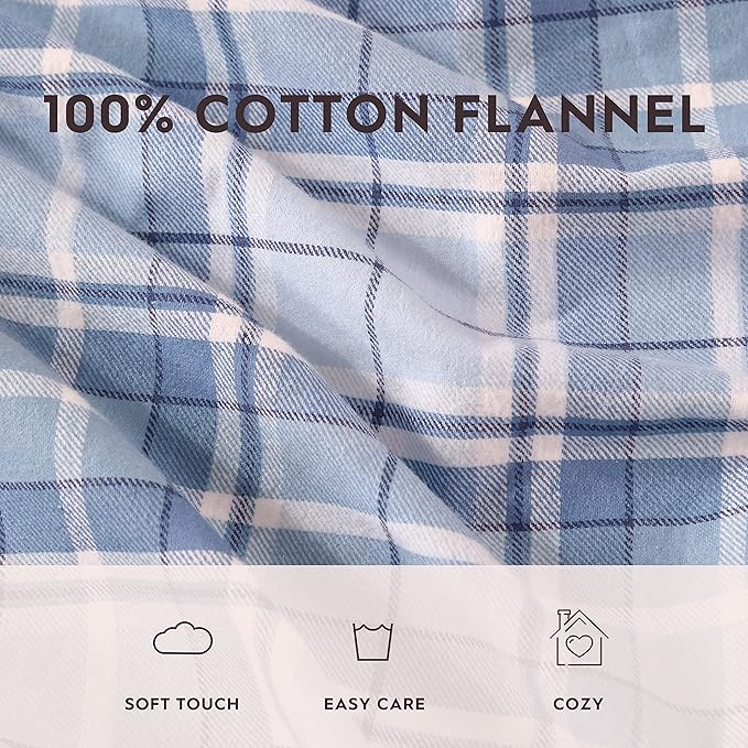 Laura Ashley - Flannel Sheets Full Size, Anti-Pilling & Wrinkle Resistant Cotton, Touchably Soft for All-Season Comfort - Bed Sheets with Matching Pillowcases & Fitted Sheet (Mulholland Plaid Blue)