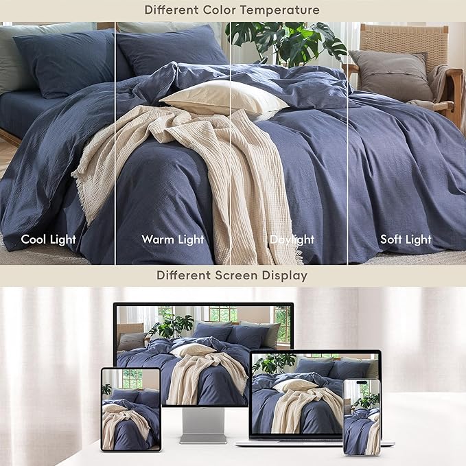 MooMee Bedding Duvet Cover Set 100% Washed Cotton Linen Like Textured Breathable Durable Soft Comfy (Heathered Blue, Super Queen 90"x98")
