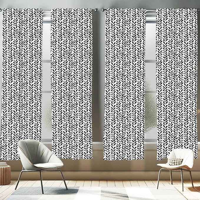 Ambesonne Black and White Window Curtains Pack of 2, Modern Grunge Botany Motif Monochrome Brush Paint Style Strokes, Lightweight Set with Rod Pocket, 4 Panels of - 28" x 63", White and Black