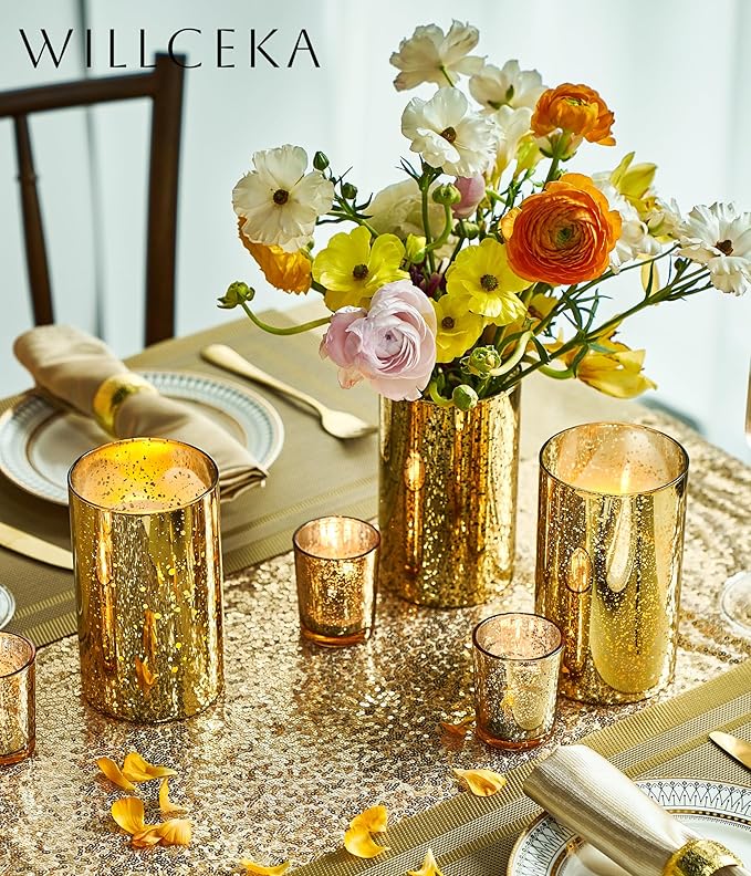 Gold Candle Holder Hurricane Candle Cylinder Vases for Centerpieces Set of 6 for Wedding Table Centerpiece