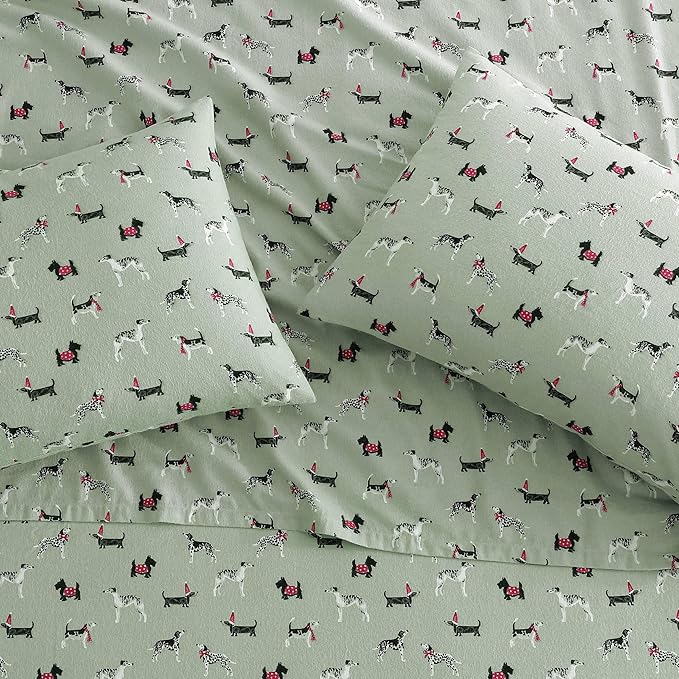 Laura Ashley - Flannel Sheets Queen Size, Anti-Pilling & Wrinkle Resistant Cotton, Touchably Soft for All-Season Comfort - Bed Sheets with Matching Pillowcases & Fitted Sheet (Holiday Pups Green)