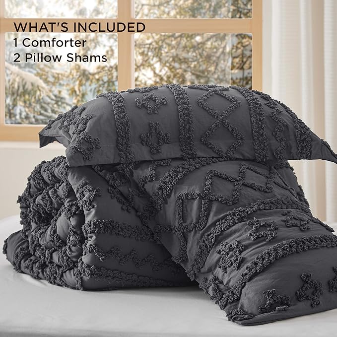 Bedsure Tufted Boho Comforter Set California King Size - Dark Grey Boho Bed Set, GentleSoft™ 3 Pieces Farmhouse Shabby Chic Embroidery Bedding, Gifts for Woman, Soft Jacquard Comforter for All Seasons