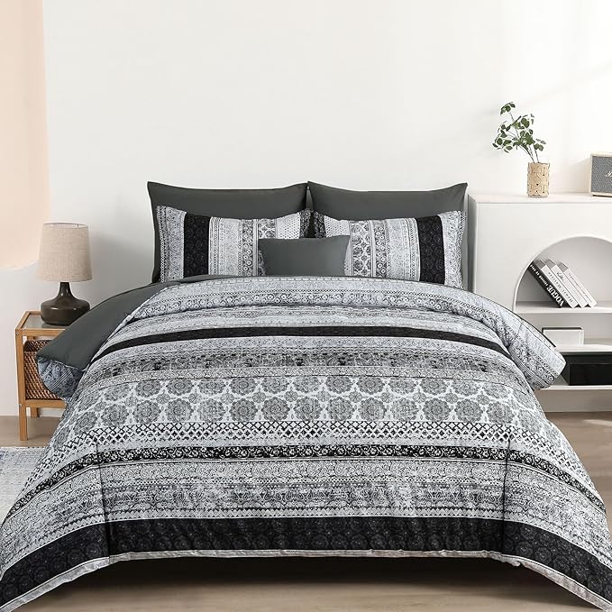 Boho King Size Comforter Set 8 Pieces,Gray Bohemian Striped Bed in a Bag,Floral Soft Microfiber Bedding Comforter Set
