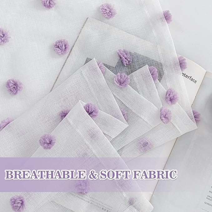 MYSKY HOME White Sheer Curtains for Bedroom 63 Inch Length Purple Pom Pom Short Curtains for Girls Room Kids Curtains Dining Room Rod Pocket Light Filtering Small Window Drapes 52 x 63 in 2 Pieces