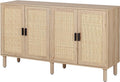 Finnhomy 4 Door Sideboard Buffet Cabinet, Kitchen Storage Cabinet with Rattan Decorated Doors, Cupboard Console Table, Boho Accent Liquor Cabinet for Home Bar, 62.3X 15.7X 34.6 Inches, Natural