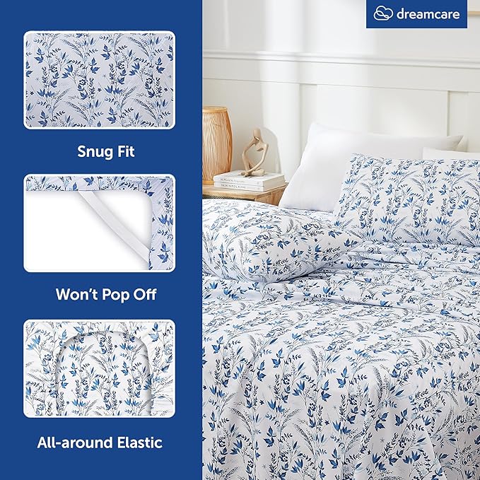 DREAMCARE King Size Floral Sheets - 4pc King Bed Set - Cooling & Soft Long Lasting - Floral Blue