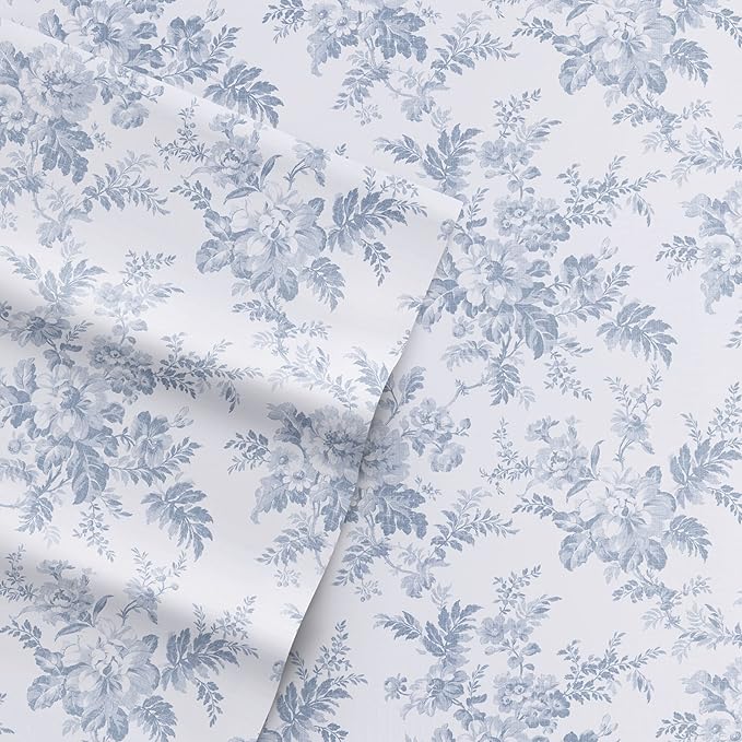 Laura Ashley - Flannel Sheets Queen Size, Anti-Pilling & Wrinkle Resistant Cotton, Touchably Soft for All-Season Comfort - Bed Sheets with Matching Pillowcases & Fitted Sheet (Vanessa Blue)