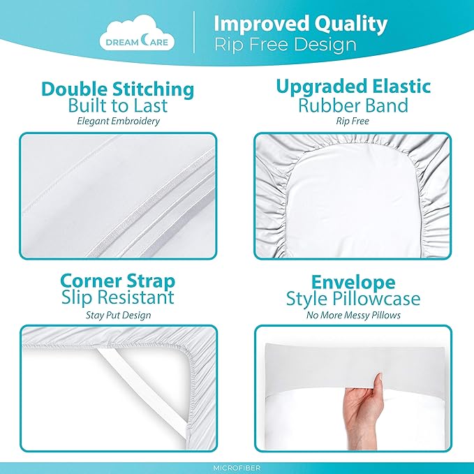 DREAMCARE Full Size Bed Sheet Set - Cooling, Extra Deep Pocket, 6pcs Set - Soft & Long Lasting 100% Fine Brushed Polyester - White, Includes Side Pocket