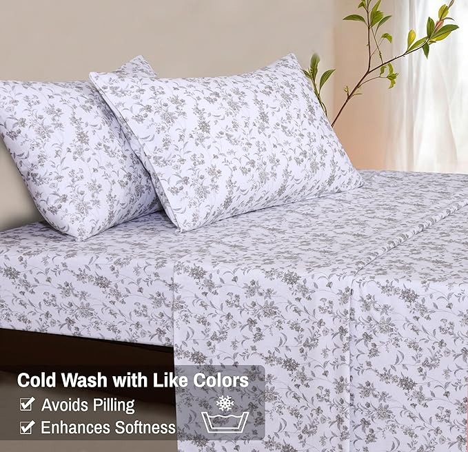 RUVANTI Flannel Sheets Queen Size - 100% Cotton Double Brushed Bed Sheets, Deep Pockets 16 Inches Queen Sheet Set, All Seasons Breathable & Extra Soft - Warm & Cozy, 4 Piece, Vintage Flora