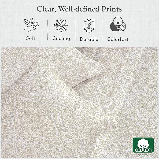 California Design Den Printed King Size Sheets Set - Luxury 400 Thread Count Sateen, Natural 100% Cotton Sheets, Deep Pockets, Cooling and Durable Bedding Set - Paisley Beige