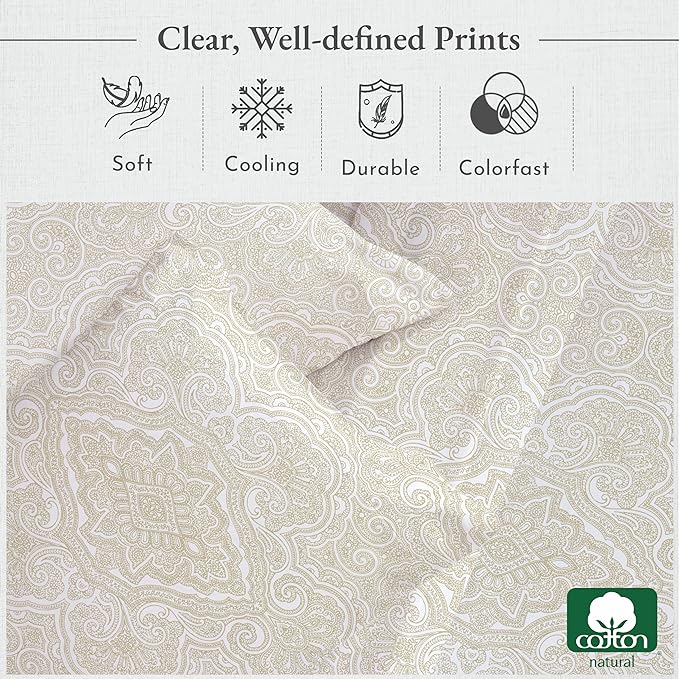 California Design Den Deep Pocket Twin Sheets Set - 400 Thread Count Sateen, Natural 100% Cotton Sheets, Cooling and Durable Bedding Set - Paisley Beige