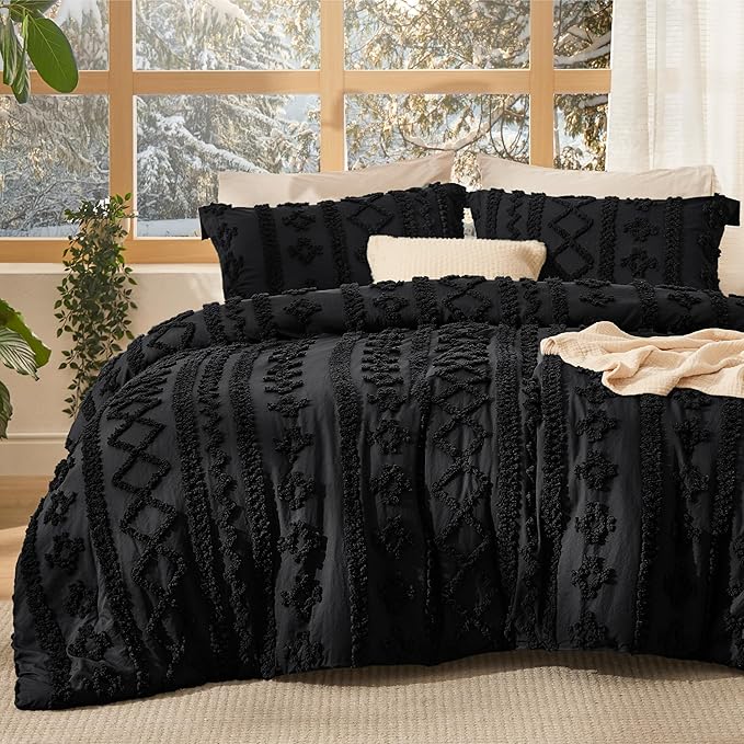 Bedsure Tufted Boho Comforter Set Full Size - Black Boho Bed Set, GentleSoft™ 3 Pieces Farmhouse Shabby Chic Embroidery Bedding, Gifts for Woman, Soft Jacquard Full Comforter for All Seasons