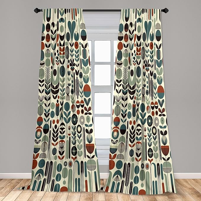 Ambesonne Leafy Art Curtains, Scandinavian Leaves Pattern with Geometric Roundy Modern Boho Print, Window Treatments 2 Panel Set for Living Room Bedroom, Pair of - 28" x 95", Pale Green Redwood Teal