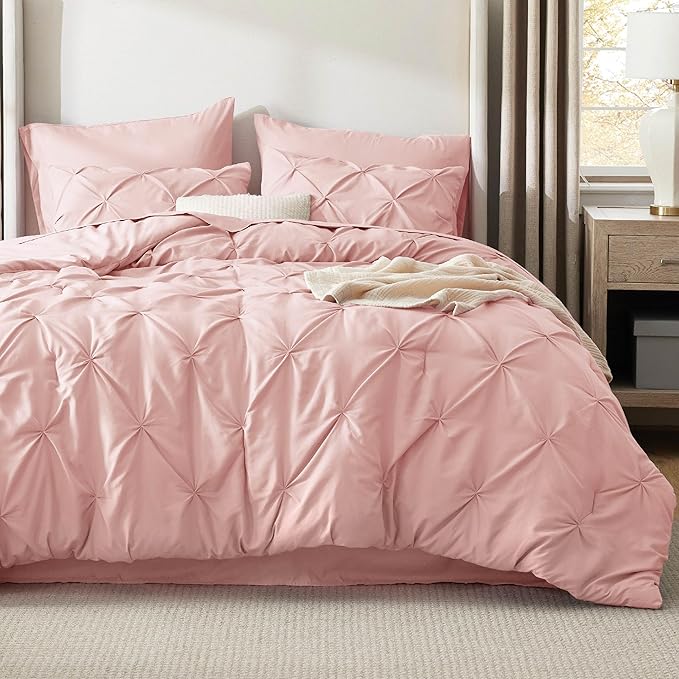 Bedsure California King Comforter Set Pink - Bed in a Bag Cal King Bedding Set 7 Pieces, GentleSoft™ Pintuck Bed Set Gift for Family, Pinch Pleat Pink Comforter with Sheets, Pillowcases & Shams