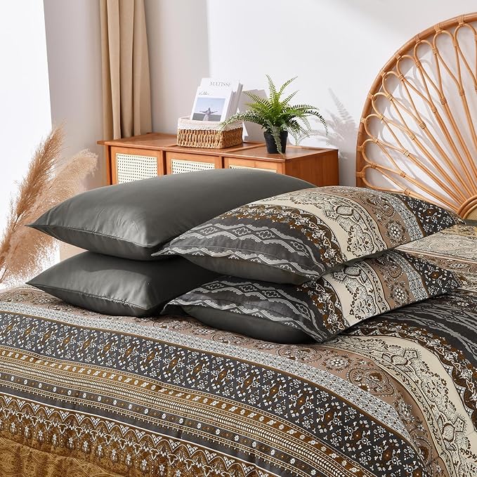 Cottolester Boho Queen Comforter Set 8 Pieces,Brown Black Bohemian Comforter Paisley Striped Bed in A Bag,Soft Microfiber Bedding Set for All Season