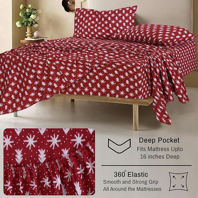 RUVANTI Flannel Sheets Full Size - 100% Cotton Double Brushed Bed Sheets Set, Deep Pockets 16 Inches, All Seasons Breathable & Extra Soft Full Sheets, Warm & Cozy, 4 Piece, Red Christmas