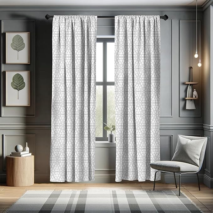 Ambesonne Geometric Window Curtains, Continuous Pattern with Abstract Concave Shapes and Triangles Print, Lightweight Decor 2-Panel Set with Rod Pocket, Pair of - 28" x 95", Charcoal Grey and White