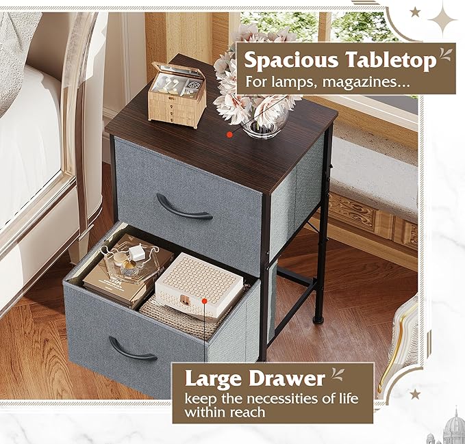 WLIVE Night Stand Set 2, Dresser and Nightstand Sets, Small Dresser for Bedroom with 2 Drawers, End Table with Fabric Bins for Closet, Bedside Furniture, College Dorm, Dark Grey