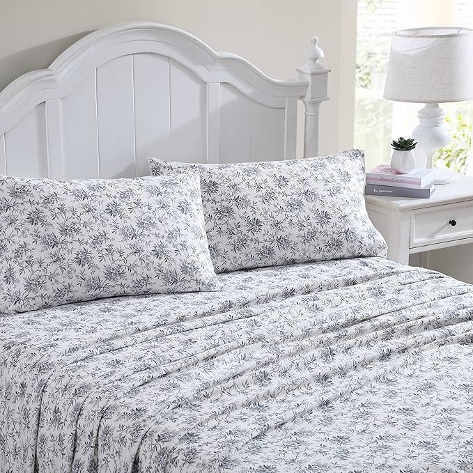 Laura Ashley - Flannel Sheets Queen Size, Anti-Pilling & Wrinkle Resistant Cotton, Touchably Soft for All-Season Comfort - Bed Sheets with Matching Pillowcases & Fitted Sheet (Faye Toile Black)