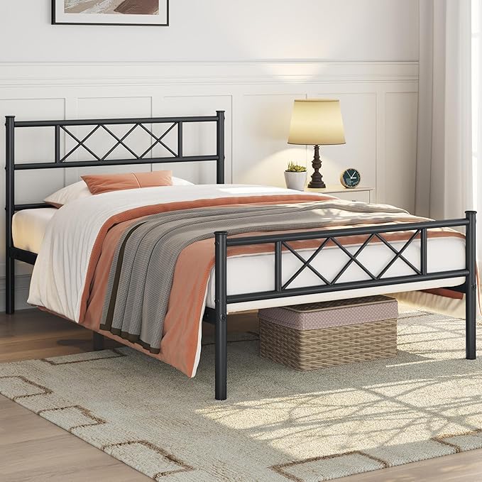 Yaheetech Twin XL Size Metal Platform Bed Frame with Simple Headboard and Footboard, Mattress Foundation for Under Bed Storage, Steel Slat Support, No Box Spring Needed, Easy Assembly, Black