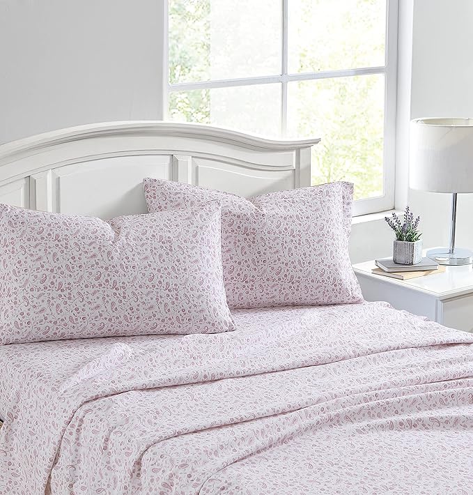 Laura Ashley - Flannel Sheets King Size, Anti-Pilling & Wrinkle Resistant Cotton, Touchably Soft for All-Season Comfort - Bed Sheets with Matching Pillowcases & Fitted Sheet (Paisley Prance Pink)