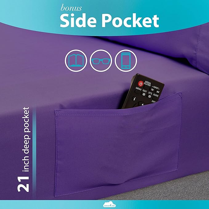 DREAMCARE King Size Sheets Set – 6 pcs Cooling Bed Sheets – up to 21” Deep Pocket King Sheet Set – 2500 Supreme Collection – Extra Soft 100% Brushed Microfiber Hotel Luxury with Side Pocket – Purple